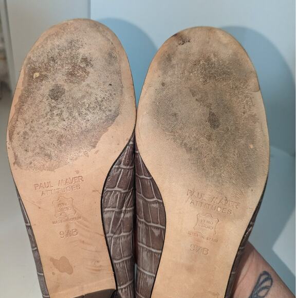 Paul Mayer Attitudes Block Heel Tan Croc Embossed Leather Black Patent Toe 9.5 - Picture 9 of 10